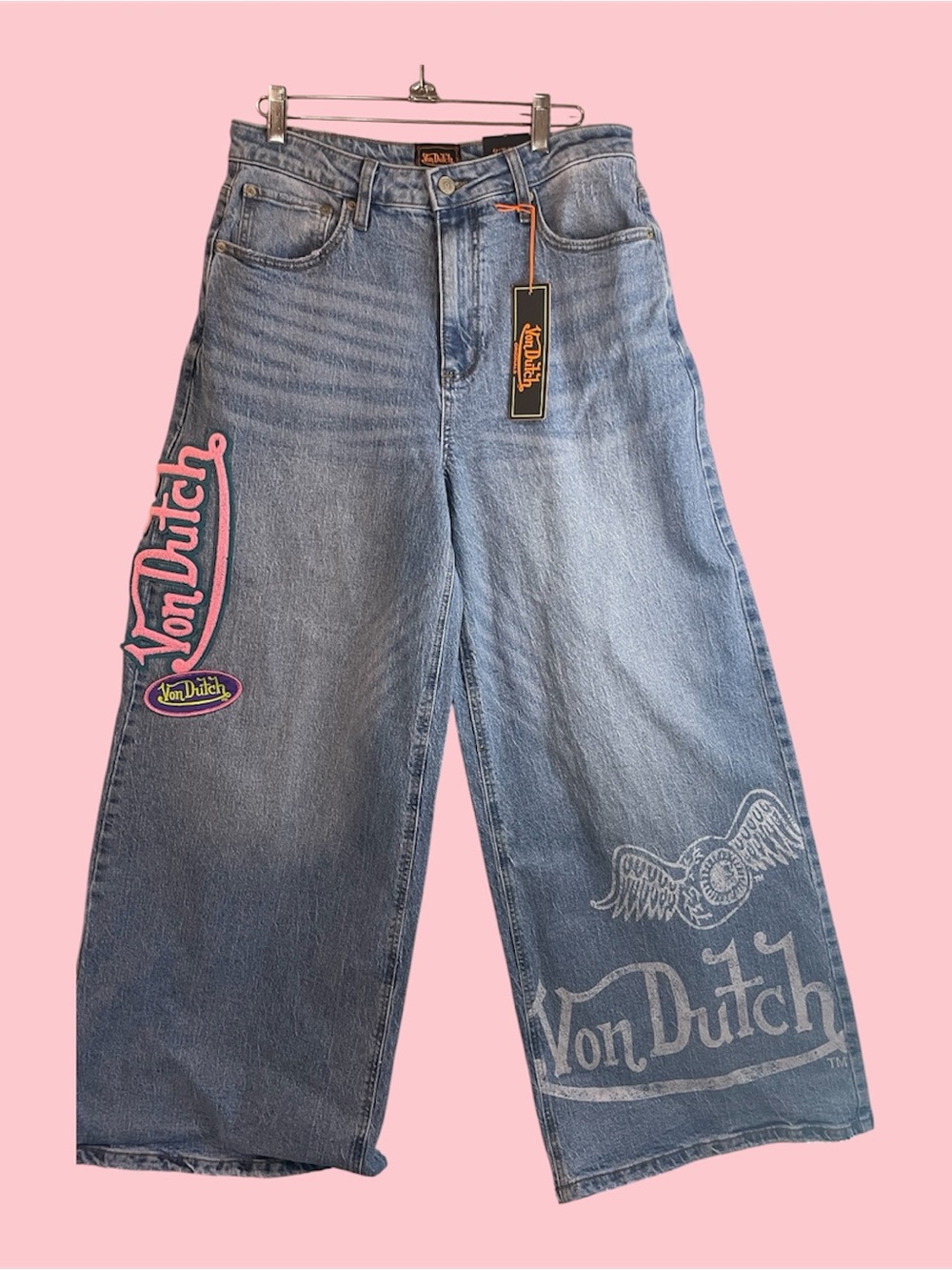 Von Dutch Light Blue Wide Leg Jeans with Pink Logo Patch